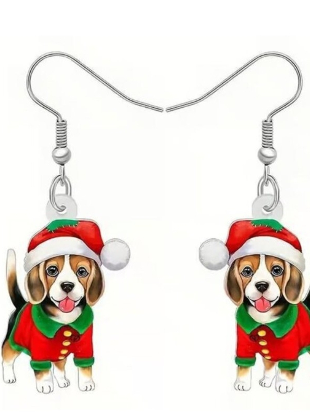 Festive Beagle Dog Holiday Dangle Earrings - Red & Green